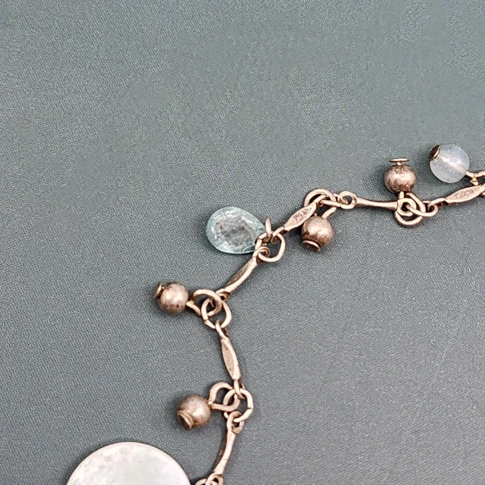 Antiqued Copper Tone Charm Bracelet Blue Glass Beads Iridescent Disc Dangles